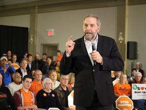 NDP Leader Tom Mulcair speaks to a crowd at the Dante Club  on Sunday October 4, 2015 in Sarnia, Ont., during a stop on a six-city swing through southwestern Ontario. It was his third visit to the Sarnia-Lambton Riding since July. (Paul Morden/Sarnia Observer/Postmedia Network)