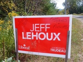 The vandalism that christened Liberal candidate Jeff Lehoux's nickname as Jihad Jeff was reported to his campaigners on Sept. 18. He is running in the riding of Renfrew-Nipissing-Pembroke.
Submitted Photo/Liberal Party