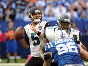 Jacksonville Jaguars quarterback Blake Bortles (5) drops back to pass against the Indianapolis Colts in the second half at Lucas Oil Stadium. Thomas J. Russo-USA TODAY Sports