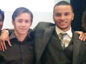 Mitchell’s Cody Pauli (left) had a chance to meet and discuss sprinting with budding Canadian track star Andre De Grasse at the Athletics Ontario Awards Banquet on Saturday, Sept. 26 in Toronto. SUBMITTED