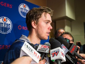 Edmonton centre Connor McDavid is interviewed during Edmonton Oilers Training Camp in Leduc, Alta. on Friday September 18, 2015. Ian Kucerak/Edmonton Sun/Postmedia Network