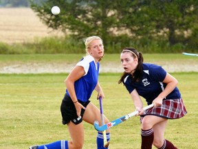 Mitchell's Sarah Skinner tries to block a pass downfield from a St. Anne's player during a field hockey game at home Sept. 30. Mitchell ended up losing to St. Anne's, 1-0. GALEN SIMMONS/MITCHELL ADVOCATE