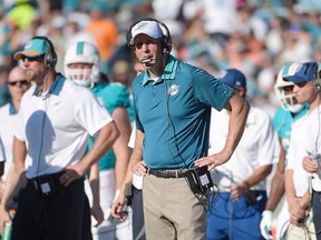 Miami Dolphins head coach Joe Philbin watches play against the Jacksonville Jaguars Sunday, Sept. 20, 2015, in Jacksonville, Fla. (AP Photo/Phelan M. Ebenhack)