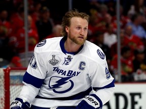 Steven Stamkos #91 of the Tampa Bay Lightning skates before Game Three of the 2015 NHL Stanley Cup Final against the Chicago Blackhawks at the United Center on June 8, 2015 in Chicago, Illinois.   Bruce Bennett/Getty Images/AFP