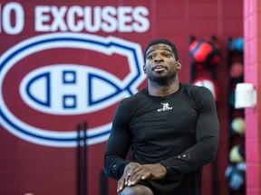 Montreal Canadiens P.K. Subban stretches during medical examinations on the first day of training camp Thursday, September 17, 2015 in Brossard, Que. THE CANADIAN PRESS/Paul Chiasson