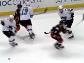 San Jose Sharks forward Raffi Torres has been suspended 41 games by the NHL for an illegal hit to the head on Oct. 4, 2015. (Screen grab)
