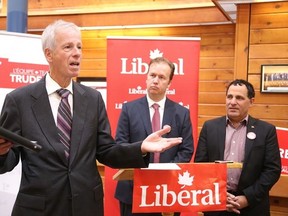 Gino Donato/The Sudbury Star
Stephane Dion announces a Liberal health care plan in Sudbury on Monday. Looking on are Sudbury candidate Paul Lefebvre and Nickel Belt candidate Marc Serre.