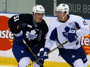 Jake Gardiner (left) and P.A. Parenteau (right) battle for position during Leafs training camp in Toronto on Oct. 1, 2015. The Leafs open the season on Oct. 7. (Dave Abel/Toronto Sun)