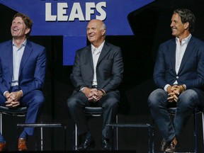 Leafs head coach Mike Babcock, Lou Lamoriello and President Brendan Shanahan. (Dave Thomas/Postmedia Network)