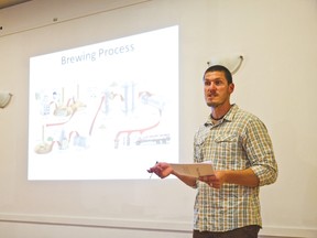 Adam Wilgosh explains the beer brewing process at a public meeting held by the MD to discuss the possibility of a brewery in Lundbreck on Sept. 30, 2015.