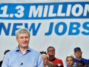 Conservative leader Stephen Harper speaks during a campaign stop at Global Systems Emissions Inc., in Whitby, Ont., on Oct. 6, 2015. (THE CANADIAN PRESS/Nathan Denette)