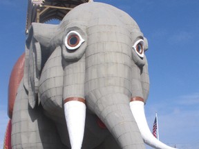 This Sept. 29, 2015 photo shows Lucy The Elephant, the giant wood and tin elephant in Margate N.J. that is a national historic landmark. The group that maintains Lucy needs to raise tens of thousands of dollars to replace rotting wood atop her passenger carriage, and to pay for a head-to-toe coat of paint for the 134-year-old tourist attraction.(AP Photo/Wayne Parry)
