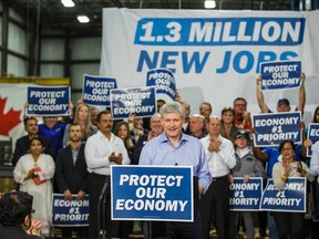 Prime Minister Stephen Harper makes an announcement at Global Emissions Systems Inc. in Whitby Tuesday October 6, 2015. (Ernest Doroszuk/Toronto Sun)