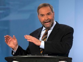 NDP leader Tom Mulcair speaks during the French-language leaders debate in Montreal September 24, 2015.  Canadians go to the polls in a federal election on October 19, 2015. REUTERS/Adrian Wyld/Pool