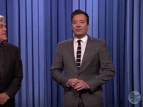 Jay Leno subs in for Jimmy Fallon during the opening monologue on "The Tonight Show" last night. (YouTube)