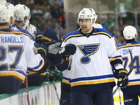 Patrik Berglund #21 of the St. Louis Blues celebrates a goal against the Dallas Stars in the first period at American Airlines Center on April 3, 2015 in Dallas, Texas.   Ronald Martinez/Getty Images/AFP