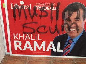 One of London Fanshawe candidate Khalil Ramal's defaced campaign signs. (Ahmad Kablawi, via Twitter)