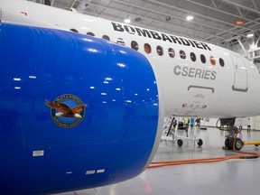 Bombardier's CS300 Aircraft, sits in the hangar prior to a test flight in Mirabel, Quebec, in this February 27, 2015 file photo. Airbus on October 6, 2015 called off talks with Bombardier over propping up the troubled CSeries jet, leaving the Canadian plane maker facing dwindling options to keep alive its dream of competing in the aerospace big league.  REUTERS/Christinne Muschi/Files