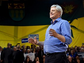 Conservative leader Stephen Harper speaks during a campaign stop in Saskatoon, Sask., on Oct. 6, 2015. (THE CANADIAN PRESS/Nathan Denette)
