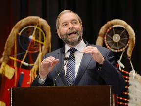 NDP leader Tom Mulcair speaks to the Assembly of First Nations in Enoch, Alta., on Oct. 7, 2015. (THE CANADIAN PRESS/Ryan Remiorz)
