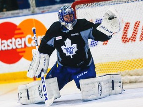 Toronto Maple Leaf goalie Jonathan Bernier during practice at the MasterCard Centre in Toronto on Tuesday October 6, 2015. Bernier is the starter as the Leafs open the season against the Habs Wednesday. (Dave Thomas/Toronto Sun)