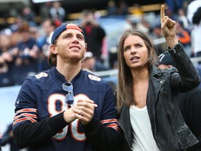 Chicago Blackhawks forward Patrick Kane (left) stands with Amanda Grahovec before the Chicago Bears played the Oakland Raiders at Soldier Field. (Jerry Lai/USA TODAY Sports)