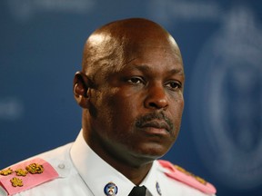 Toronto Police Chief Mark Saunders holds a press conference about crowd confrontations at Yonge-Dundas Square during Nuit Blanche, Wednesday October 7, 2015. (Stan Behal/Toronto Sun)