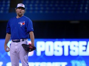 R.A. Dickey gets in some work during the Blue Jays practice ahead of the ALDS series against the Texas Rangers at the Rogers Centre in Toronto on Tuesday October 6, 2015. (Dave Abel/Toronto Sun/Postmedia Network)
