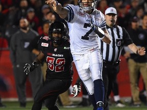 Argonauts quarterback Trevor Harris makes a pass during fourth quarter CFL action in Ottawa on Tuesday, Oct. 6, 2015. (Sean Kilpatrick/The Canadian Press)