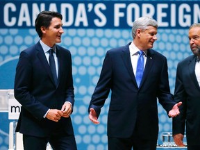 Liberal leader Justin Trudeau, Conservative leader and Prime Minister Stephen Harper and New Democratic Party (NDP) leader Thomas Mulcair (L-R) talk before the Munk leaders' debate on Canada's foreign policy in Toronto, Canada September 28, 2015. Canadians go to the polls in a federal election on October 19, 2015. REUTERS/Mark Blinch