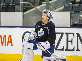 Toronto Maple Leafs goalie James Reimer during a game-day skate at the Air Canada Centre in Toronto on Oct. 7, 2015. (Ernest Doroszuk/Toronto Sun/Postmedia Network)