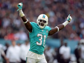 Miami Dolphins safety Michael Thomas celebrates against the New York Jets in Game 12 of the NFL International Series at Wembley Stadium in London on Oct. 4, 2015. (Kirby Lee/USA TODAY Sports)