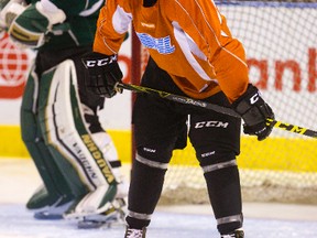 Eric Henderson is one of the young players practising with the London Knights and trying to earn some ice time in games. (MIKE HENSEN, The London Free Press)