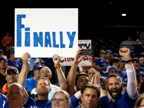A fan holds up a sign that reads 'Finally' as the Toronto Blue Jays celebrate after defeating the Baltimore Orioles and clinching the AL East Division at Camden Yards in Baltimore on Sept. 30, 2015. (Patrick Smith/Getty Images/AFP)
