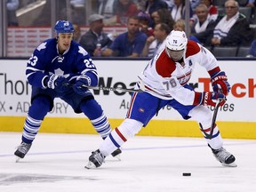 Maple Leafs forward Shawn Matthias chases P.K. Subban of the Canadiens during NHL action in Toronto on Wednesday, Oct. 7, 2015. (Dave Abel/Toronto Sun)