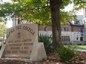 Indiana University officials said Thursday, Oct. 8, 2015 it has suspended the Alpha Tau Omega fraternity in Bloomington, Ind., following allegations of misconduct during a hazing ritual involving a male pledge performing a sex act on a woman in front of a crowd. It wasn't immediately clear whether any criminal charges would be pursued. (David Snodgress/Bloomington Herald-Times via AP)
