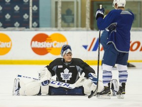 Toronto Maple Leafs goalie Jonathan Bernier and Brad Boyes during practice at the MasterCard Centre for Hockey Excellence in Toronto on Oct. 8, 2015. (Ernest Doroszuk/Toronto Sun/Postmedia Network)