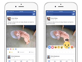 This combination of images provided by Facebook shows a sample post featuring the social network's Reactions buttons. (Facebook via AP)