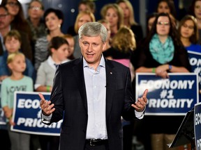 Conservative Leader Stephen Harper speaks during a campaign stop in Saskatoon, Sask, on Wednesday, October 7, 2015. THE CANADIAN PRESS/Nathan Denette