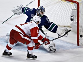 Vancouver Canucks goalie Cory Schneider stops Detroit Red Wings forward Dan Cleary during their NHL game in Vancouver April 20, 2013. (REUTERS/Andy Clark)
