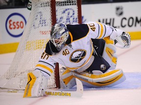 Sep 25, 2015; Toronto, Ontario, CAN; Buffalo Sabres goaltender Robin Lehner (40) in second period against Toronto Maple Leafs at Air Canada Centre. Mandatory Credit: Peter Llewellyn-USA TODAY Sports