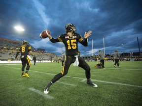 Jeff Mathews has a chance to get his first win as Tiger-Cats’ quarterback against the lowly Roughriders on Friday night. (Canadian Press)