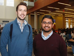 Cameron McNeill, left, and Jon Wiseman, co-presidents of the political department student council at Queen's University  in Kingston, Ont. on Wednesday October 7, 2015. They believe that there will be a bigger than expected student turn out in this years federal election, thanks to timing and social media offering more ways to becoming engaged in the issues. Julia McKay/The Kingston Whig-Standard/Postmedia Network