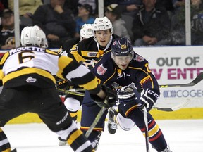 Barrie Colts’ Adrian Carbonara tries to get past Kingston Frontenacs defenceman Jacob Paquette during the opening game of the Ontario Hockey League season at the Rogers K-Rock Centre on Sept. 25. (Ian MacAlpine/The Whig-Standard)