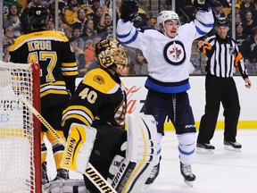 Winnipeg Jets rookie Nicolas Petan (19) celebrates after scoring a goal past Boston Bruins goalie Tuukka Rask (40) during the third period at TD Garden.
Bob DeChiara-USA TODAY Sports