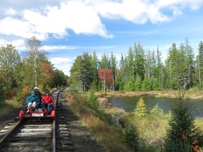 In this photo taken Thursday, Oct. 1, 2015, a group of people pedal a rail bike past a pond during a six-mile tour between Saranac Lake, N.Y. and Lake Clear, with Adirondack Rail Explorers, a business launched this summer by Alex Catchpoole and his wife Mary-Joy Lu. (AP Photo/Mary Esch)