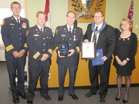 Fire fighter of the year was awarded to Doug Harkes. Pictured here, from left to right, Steve Gardiner, Huron County fire coordinator; Shawn Edwards, fire chief Howick Fire Department; Doug Harkes, fire fighter of the year, warden Paul Gowing and Brenda Orchard, CAO. (Contributed photo)