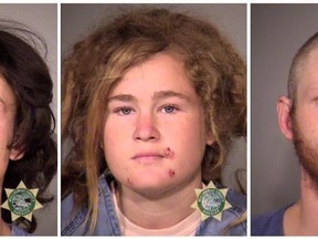 Multnomah County Sheriff's Office photos show the three suspects who were arrested Oct. 7, 2015, in Portland, Ore., in the killing of Steve Carter, a tantra yoga teacher, on a hiking trail in Marin County, Calif. From left are Sean Michael Angold, Lila Scott Allgood and Morrison Haze Lampley. (Multnomah County Sheriff's Office/Portland police via AP)