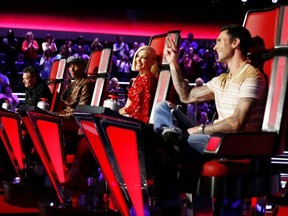 From left to right: The Voice coaches Blake Shelton, Pharrell Williams, Gwen Stefani, Adam Levine are pictured during the blind auditions. (Trae Patton/NBC)