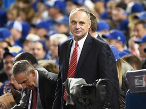 MLB commissioner Rob Manfred in attendance in Game 2 of the ALDS between the Texas Rangers and Toronto Blue Jays at Rogers Centre in Toronto on Oct. 9, 2015. (Dan Hamilton/USA TODAY Sports)